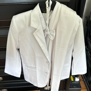 White boys suit with vest pants , jacket and bow tie, worn once